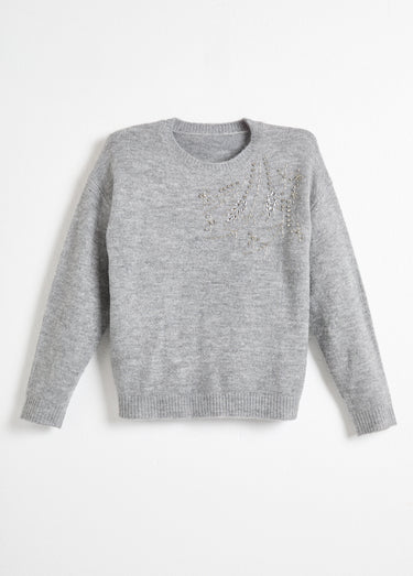 Pull doux col rond avec strass et sequins Gris
