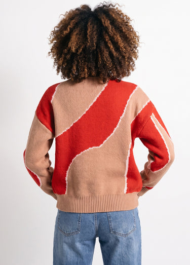 Pull épais ras de cou jacquard fantaisie Rouge/Beige