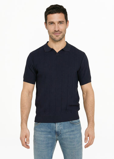 Pull fin en maille gaufrée avec col polo Marine