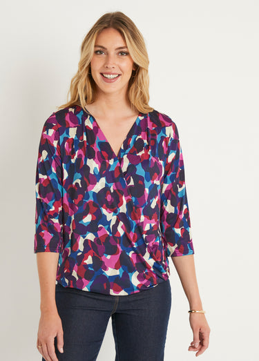 T-shirt blousant cache-coeur manches 3/4 Rose / Bleu