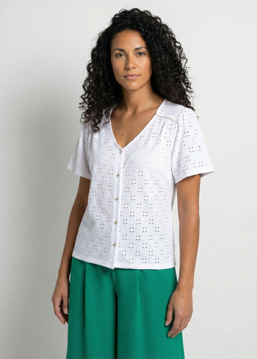T-shirt col V effet broderie manches courtes Blanc