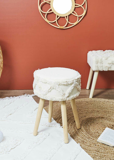 Tabouret tissu frangé style ethnique Blanc/Marron