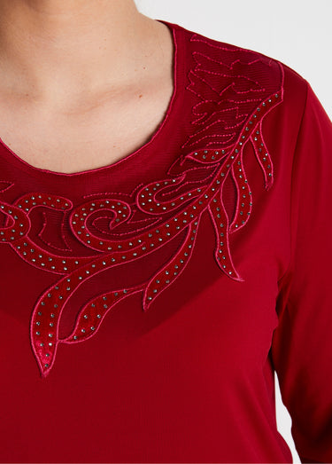 T-shirt court col rond résille brodé strass Rouge
