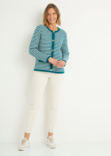 Gilet boutonné rayé chic avec col rond Canard/Ecru