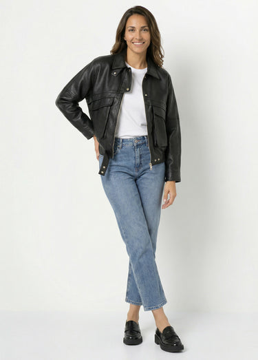 Blouson simili cuir, taille élastiquée Noir