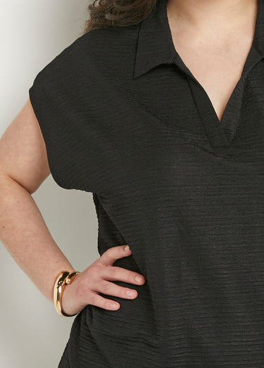 T-shirt col chemise uni manches courtes Noir