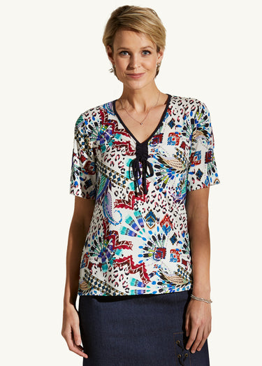 T-shirt inspiration tribale col V froncé Fond Naturel