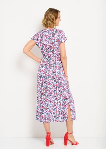 Robe longue fleurie cache-coeur manches courtes Bleu/Rose