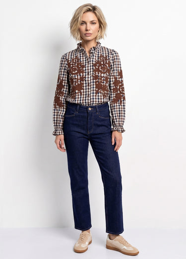 Chemisier à carreaux, broderies fleurs Marron/Ecru