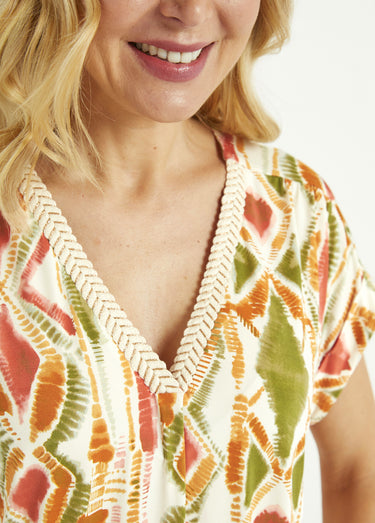 T-shirt col V ample manches courtes Vert/Terracotta
