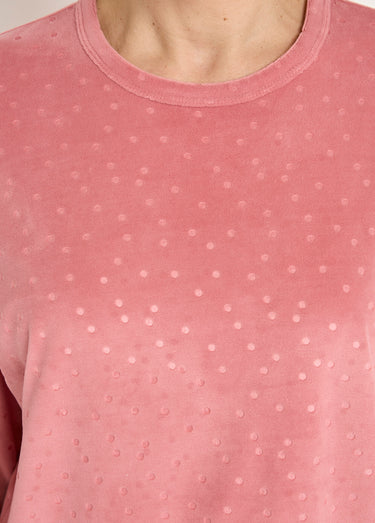 Pyjama pantalon col rond velours embossé pois Rose