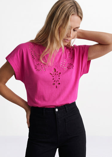 T-shirt coton encolure broderie anglaise Violet