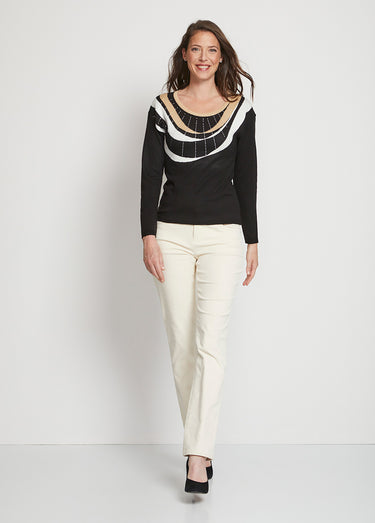 Pull court jacquard strassé col rond Noir/Beige