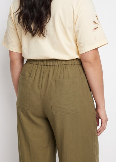 Pantalon large avec lin, style ethnique Kaki