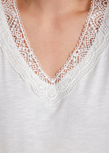 T-shirt manches 3/4 coton et macramé Blanc