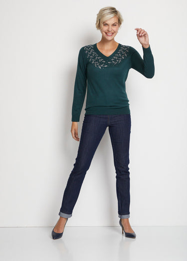 Pull col V strassé manches longues Vert Sapin