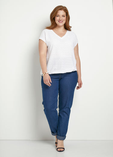 T-shirt ample blousant court uni col V Blanc