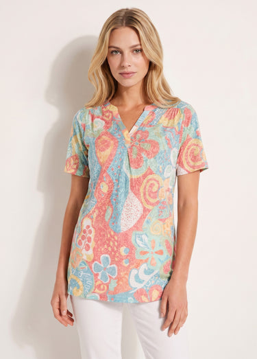 T-shirt long ample fleuri manches courtes Multicolore