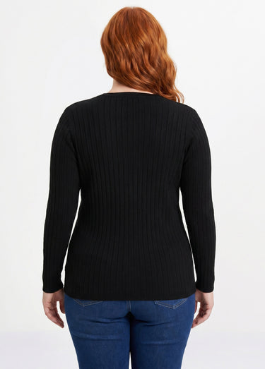 Pull doux côtelé court col rond côtes plates Noir