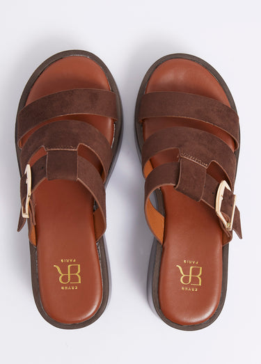 Mules plateforme 3 brides suédine Marron