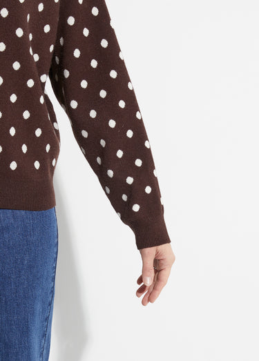 Pull à pois col rond, maille jacquard Chocolat