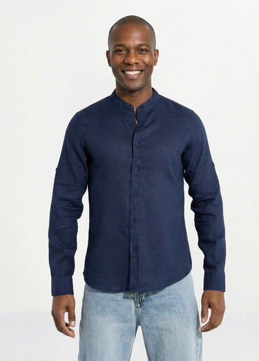 Chemise lin col mao, manches longues Bleu