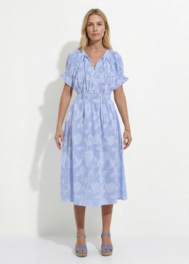 Robe longue smocks coton rayures et jacquard Bleu / Blanc