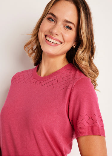 Pull fin manches courtes ajouré Rose