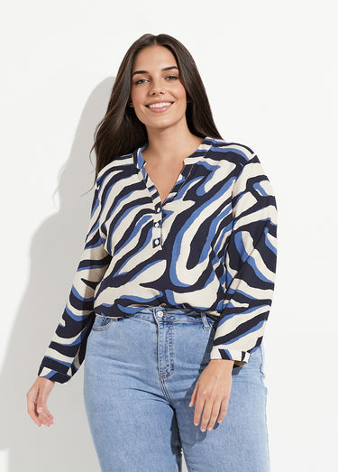 Blouse col V boutonné motif abstrait Bleu / Écru