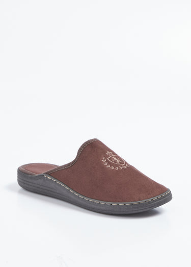 Chaussons mules largeur confort textile velouté brodé Marron