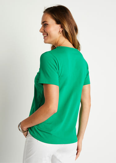 T-shirt col V ajouré brodé Vert
