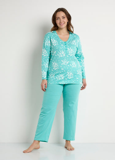 Pyjama col V boutonné coton manches longues Vert