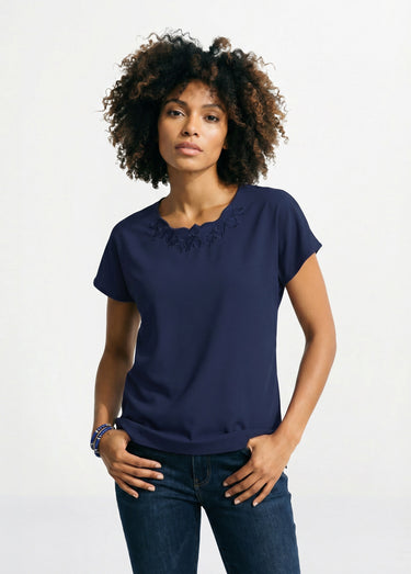 Top long manches courtes broderies col rond Marine