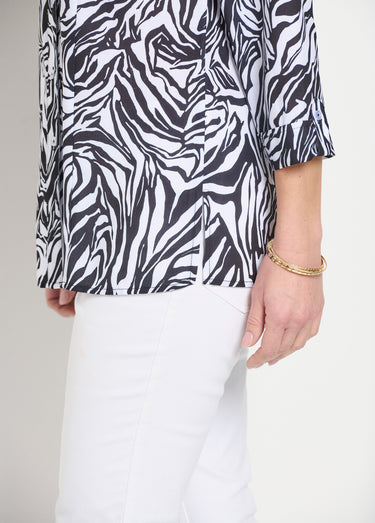 Chemisier long boutonné manches 3/4 peau de bête Noir / Blanc
