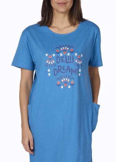 Chemise de nuit maxi T-shirt motif placé Bleu