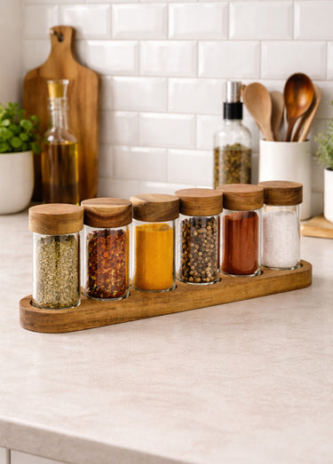 Set 6 pots épices verre + plateau acacia Bois