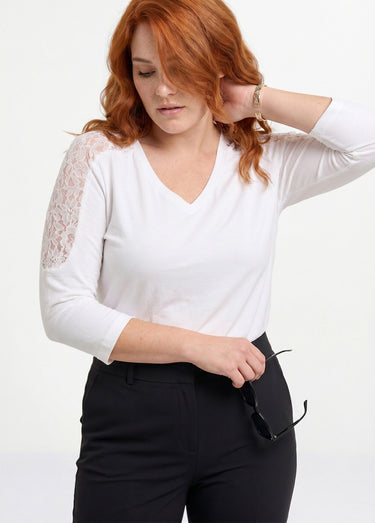 Tunique manches 3/4 col V boutonné dentelle Ecru