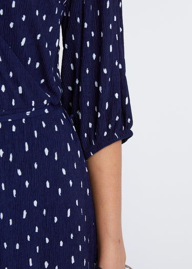 Robe mi longue cache-coeur pois Marine / Blanc