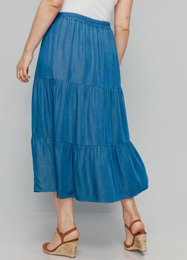Jupe volantée  tissu viscose fluide Bleu Jean