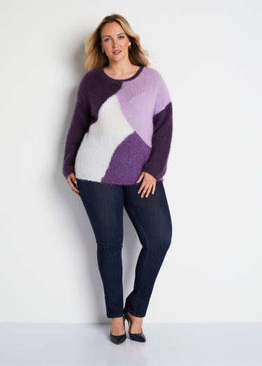 Pull doux colorblock maille poilue Cassis/Ecru