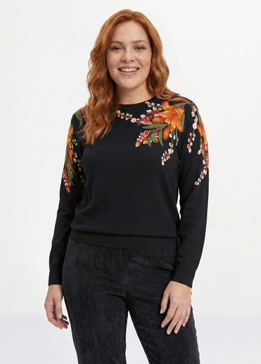 Pull chaud col rond imprimé floral manches longues Noir