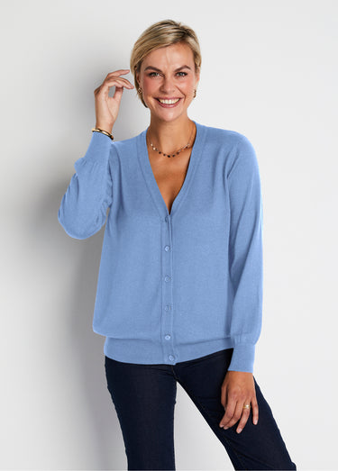 Gilet boutonné col V avec laine mérinos Bleu Nuage