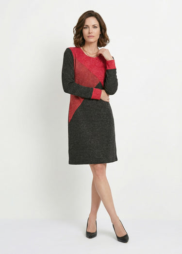 Robe courte droite maille chaude col rond Noir/Rouge