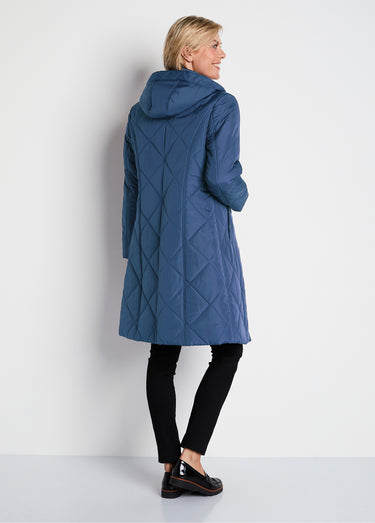 Manteau hiver long matelassé à capuche Bleu