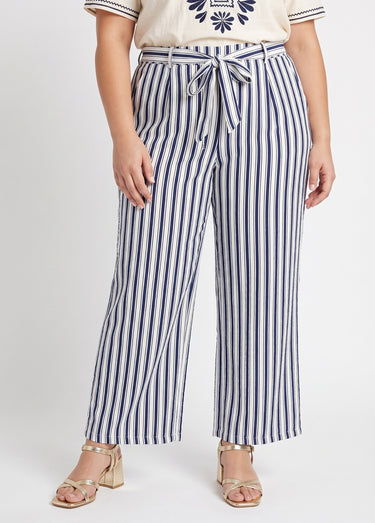 Pantalon rayé ceinturé, fils métallisés Marine/Ecru