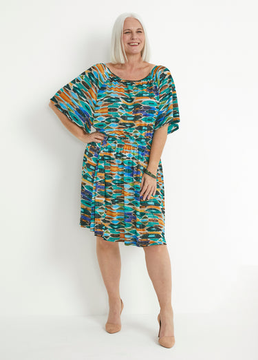 Robe courte smockée base évasée Vert/Ocre