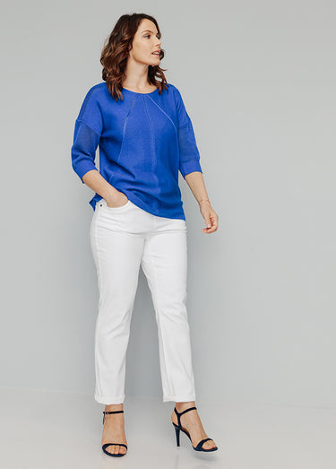 Pull en maille ajourée, manches 3/4 Bleu