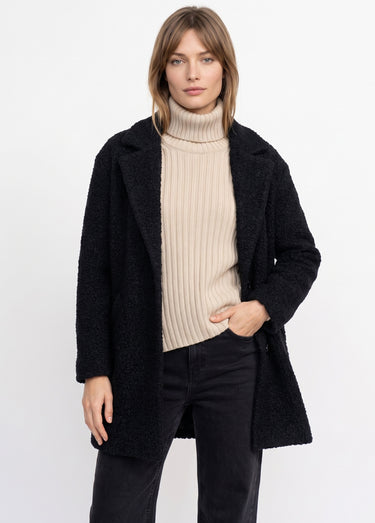 Manteau tissu bouclette mi-long boutonné Noir