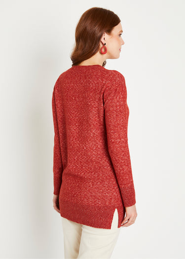 Pull tunique chiné long col V avec laine Brique