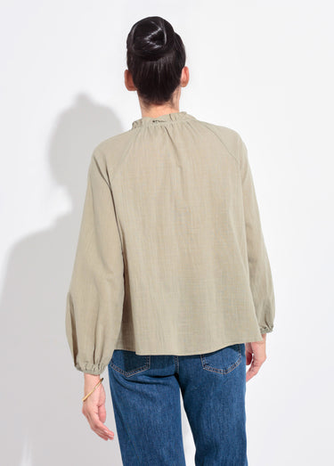 Blouse ample col V fantaisie lien à nouer Kaki